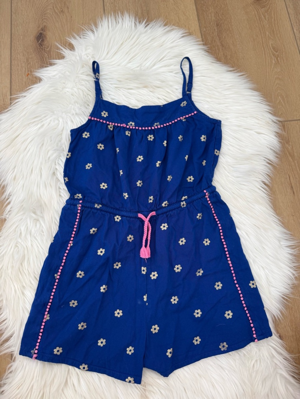 Boden Blue Floral Girls' Spaghetti-Strap Romper with Pink Trim - Size 9-10